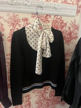 Tory Burch Black Knit Sweater with Ivory Tie-Neck Scarf